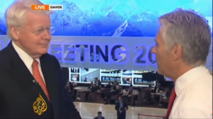 2008 bank bailout: Image of of Icelandic President Grimsson being interviewed during the Davos meeting in 2013