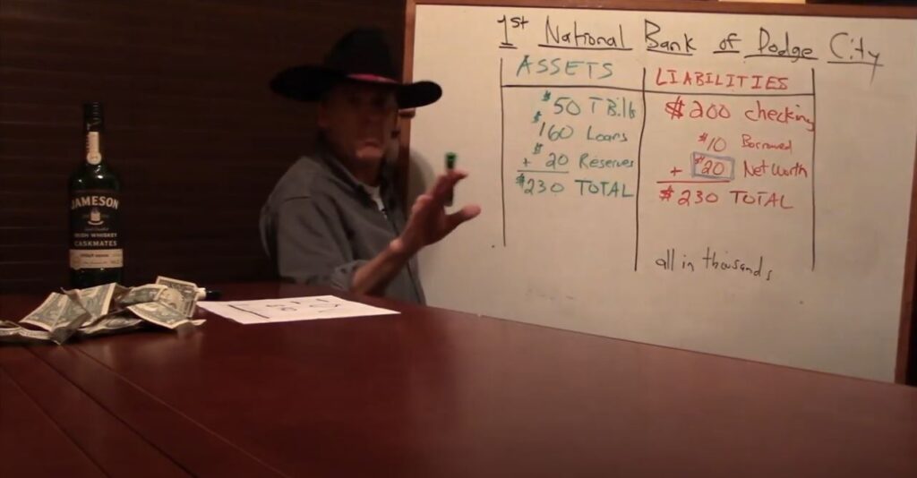 Private Sector Finance: An image of the Cowboy Economist at a white board showing a balance sheet for a made up bank
