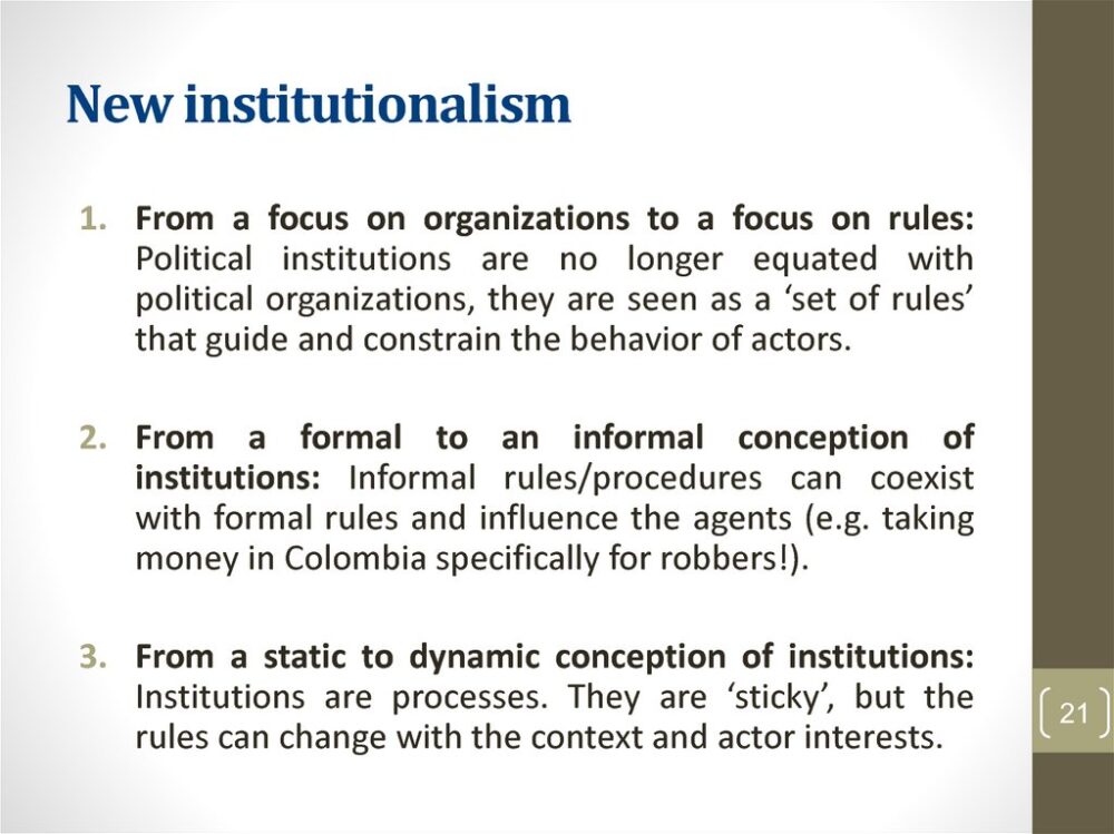 New institutionalism: A picture of a presentation slide defining some relevant terms