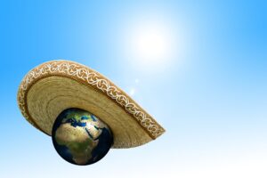 The Green New Deal: Image shows the earth wearing a sombrero to protect itself from the heat of the sun