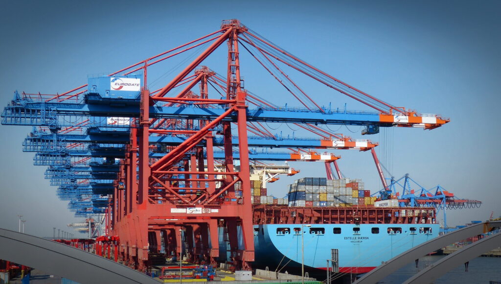 cranes at termainl to unload cargo ship