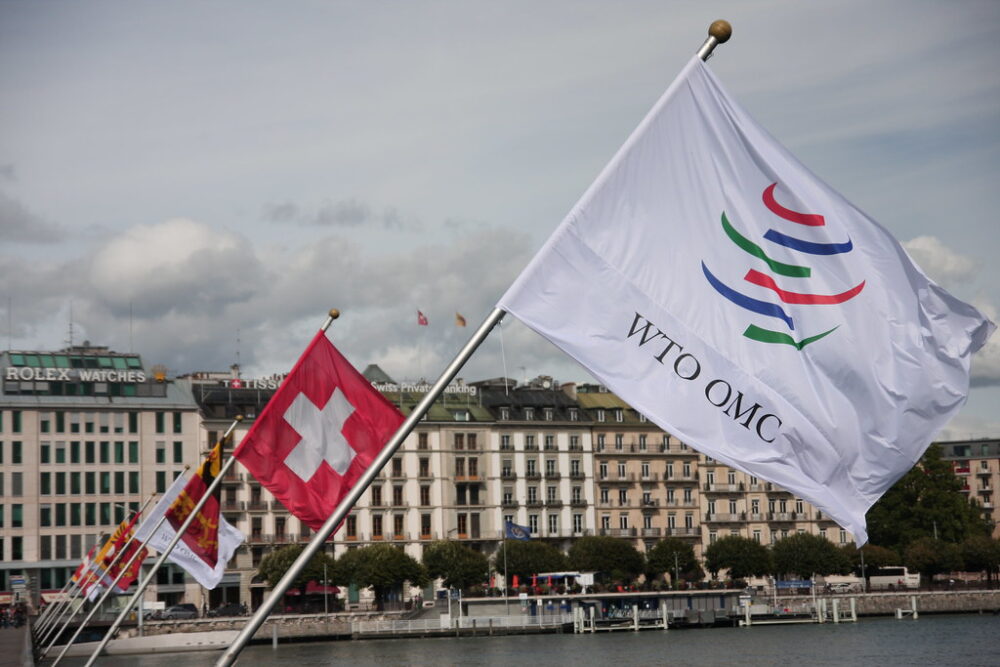 world trade organization: Image of WTO flag flying next to a Swiss flag