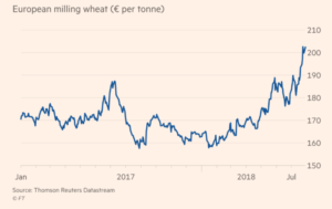wheat prices: Image of price chat for European milling wheat, from Jan 2017 to Aug 2018