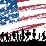 Angrynomics: Image of a line of immigrants with the background of an American flag.