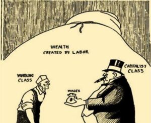 Marxist economic theory: Picture shows a fat capitalist provided small wages to a work who helped produce enormous profits