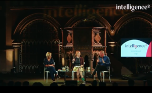 Saving capitalism: An image of Gillian Tett, Ann McElvoy, and Yanis Varoufakis on stage for a discussion about fixing capitalism