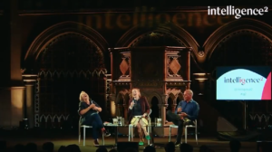 Saving Capitalism: Image of Gillian Tett, Ann McElvoy, and Yanis Varoufakis on stage during a debate about "Can we fix capitalism?".