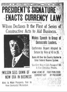 Image of newspaper announcing the birth of the federal reserve