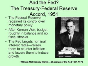 An image of a slide showing Fed management of the economy after the Fed-Treasury Accord of 1951